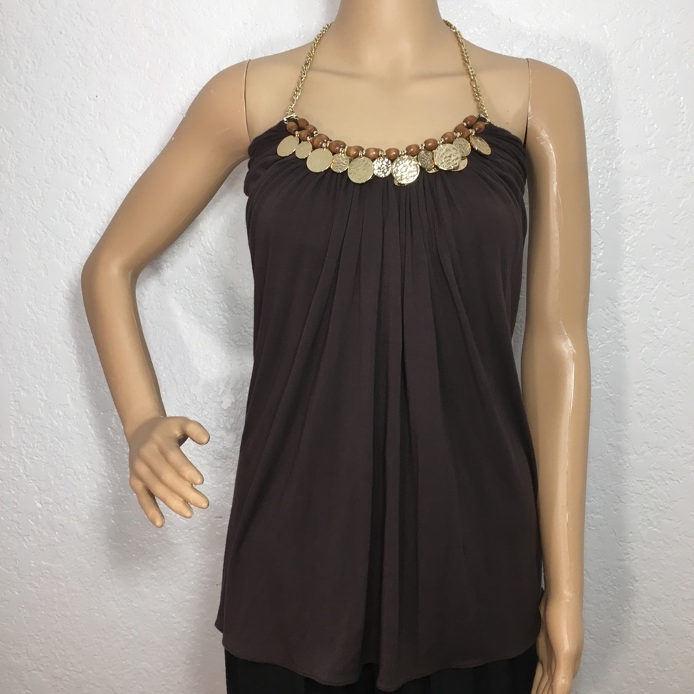 Sky Brown Halter Top with Gold Jewelry Neckline